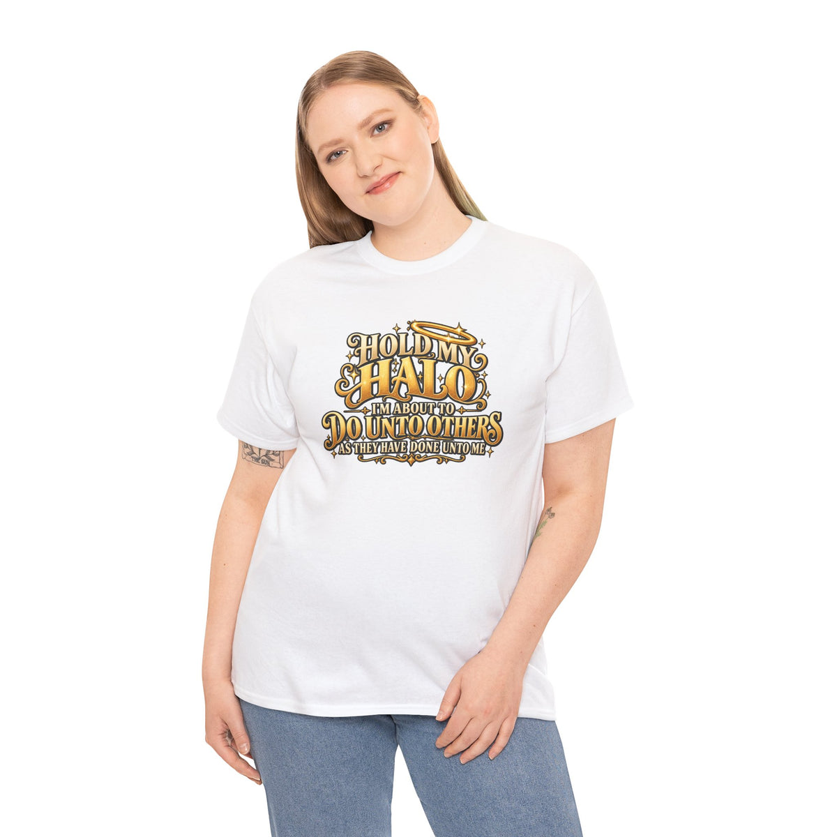 T-Shirt — "Hold My Halo I'm About To Do Unto Others" Vintage Faith Graphic Tee