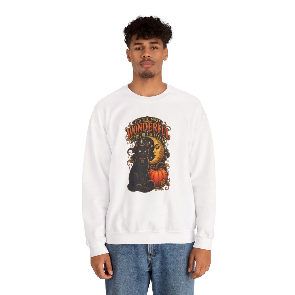 Vintage Halloween Sweatshirt - "It's the Most Wonderful Time of the Year" Black Cat & Moon Design