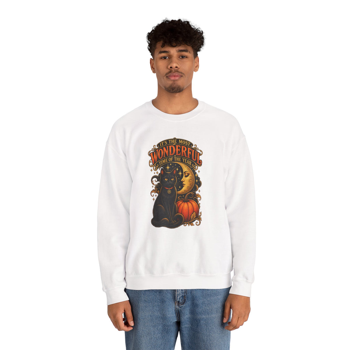 Vintage Halloween Sweatshirt - "It's the Most Wonderful Time of the Year" Black Cat & Moon Design