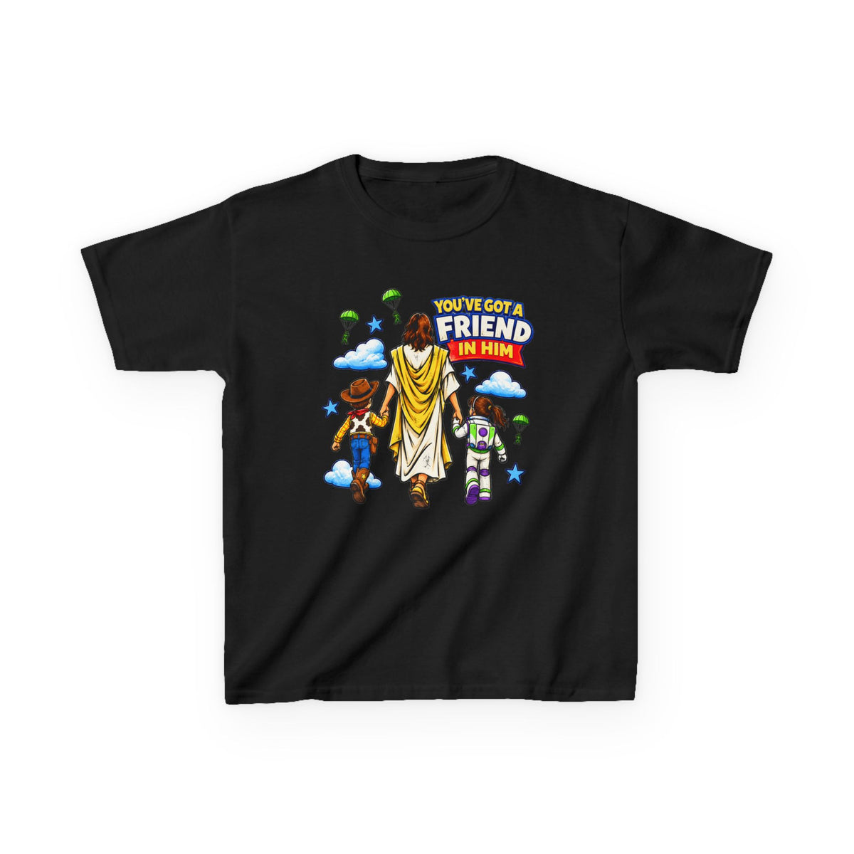 Kids Tee — "You've Gotta Friend in Him" Inspirational Jesus & Toy Friends Graphic