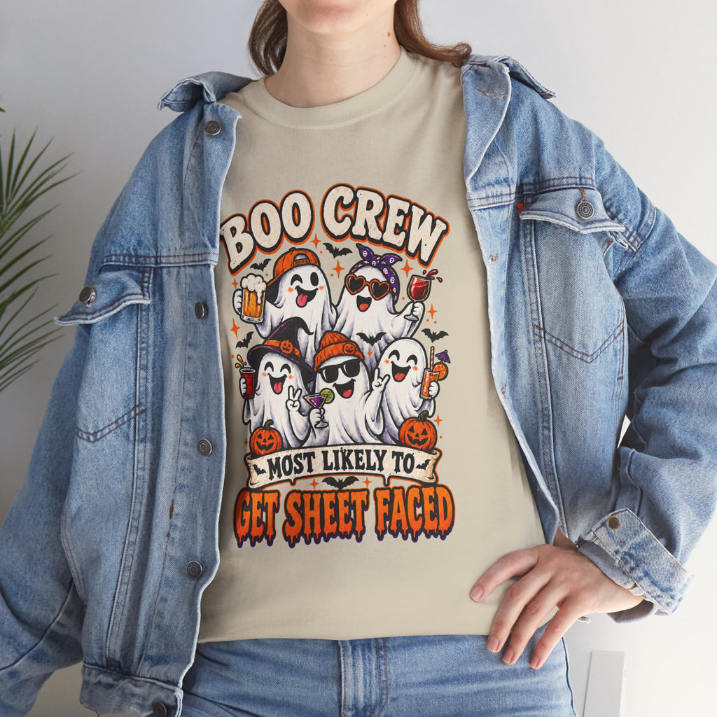 Boo Crew Halloween T-Shirt — “Most Likely to Get Sheet Faced” Funny Ghost Party Tee