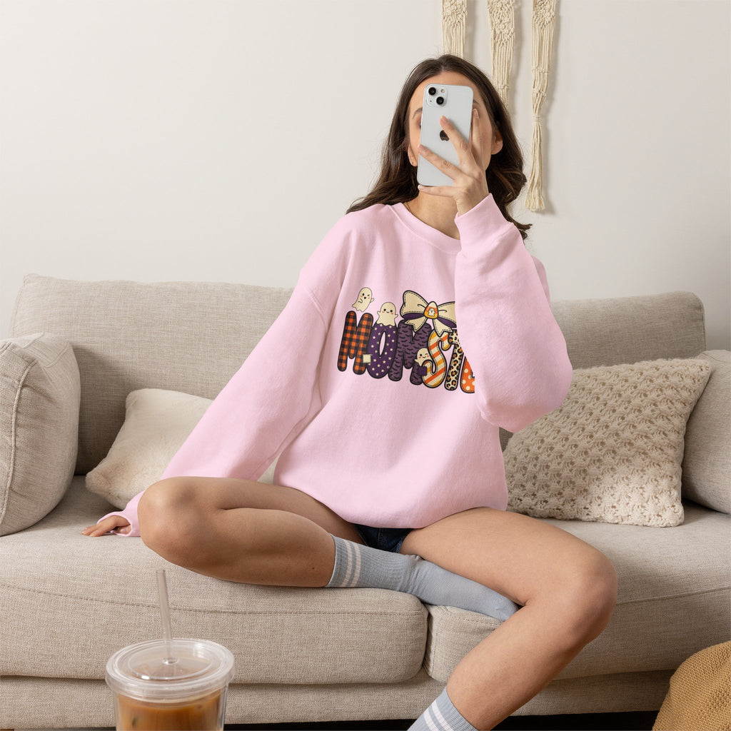 Momster Halloween Sweater | Momster Crewneck Sweatshirt, Halloween mom, purple orange spooky lettering