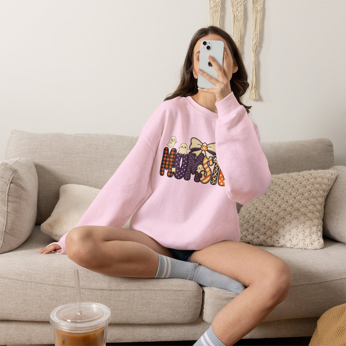 Momster Halloween Sweater | Momster Crewneck Sweatshirt, Halloween mom, purple orange spooky lettering