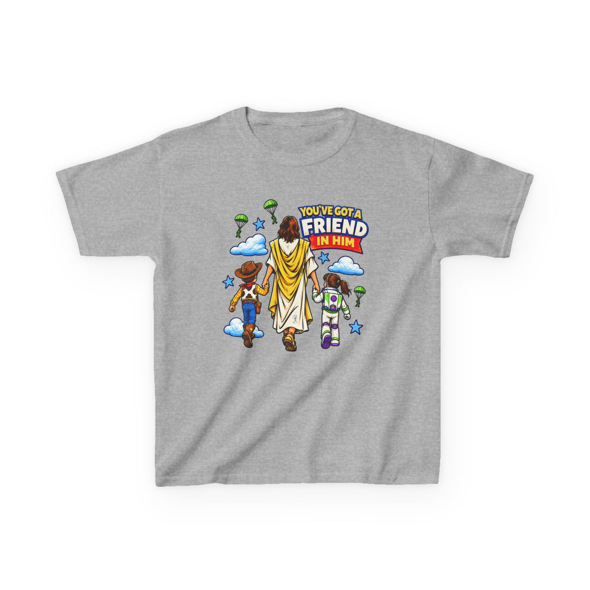 Kids Tee — "You've Gotta Friend in Him" Inspirational Jesus & Toy Friends Graphic