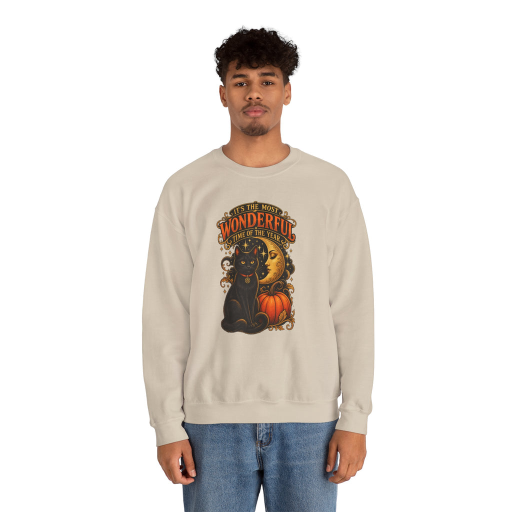 Vintage Halloween Sweatshirt - "It's the Most Wonderful Time of the Year" Black Cat & Moon Design