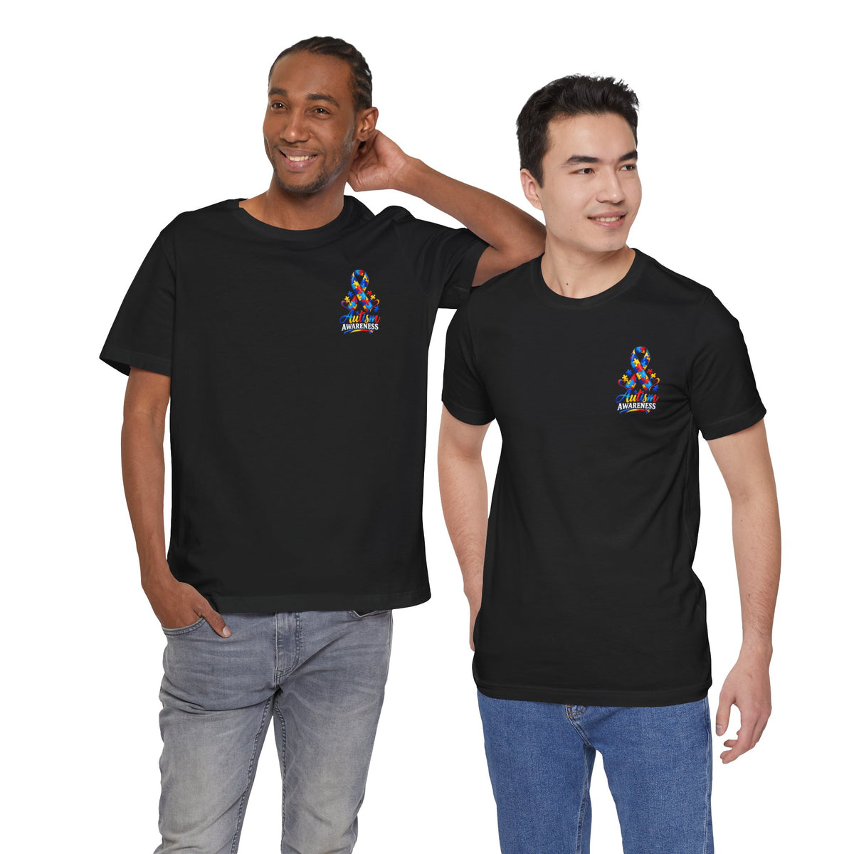 Autism Awareness Ribbon Chest Tee — 'Different, Not Less' Short Sleeve T-Shirt