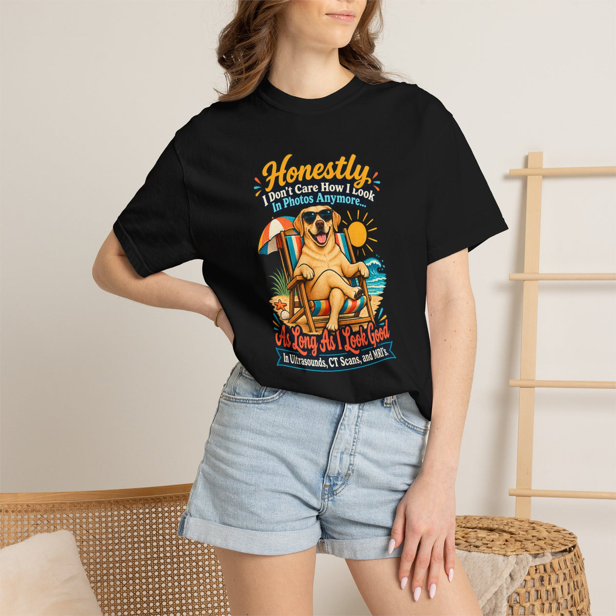Honestly I Don’t Care How I Look In Photos Anymore T-Shirt — Funny Beach Dog Graphic Tee