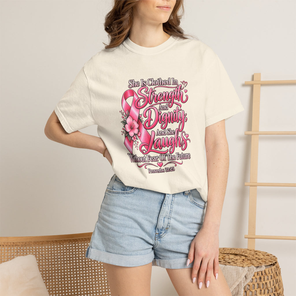 Breast Cancer Awareness T-Shirt — "She is Clothed in Strength" Pink Ribbon Tee