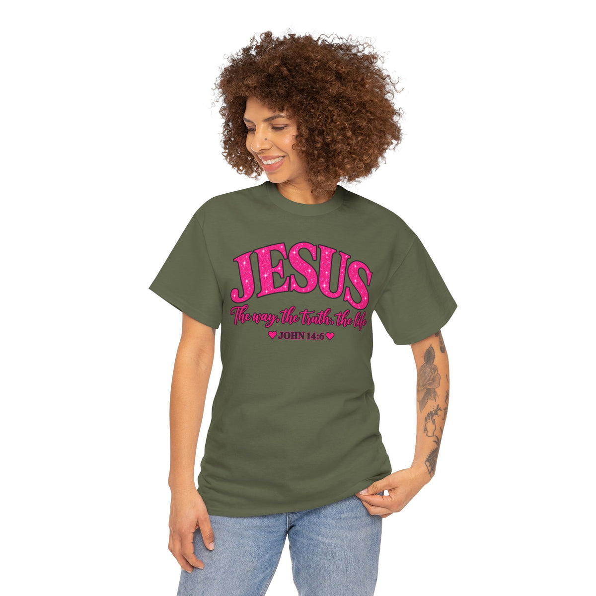 Christian T-Shirt — "JESUS The way, the truth, the life" (John 14:6) Pink Vintage Script
