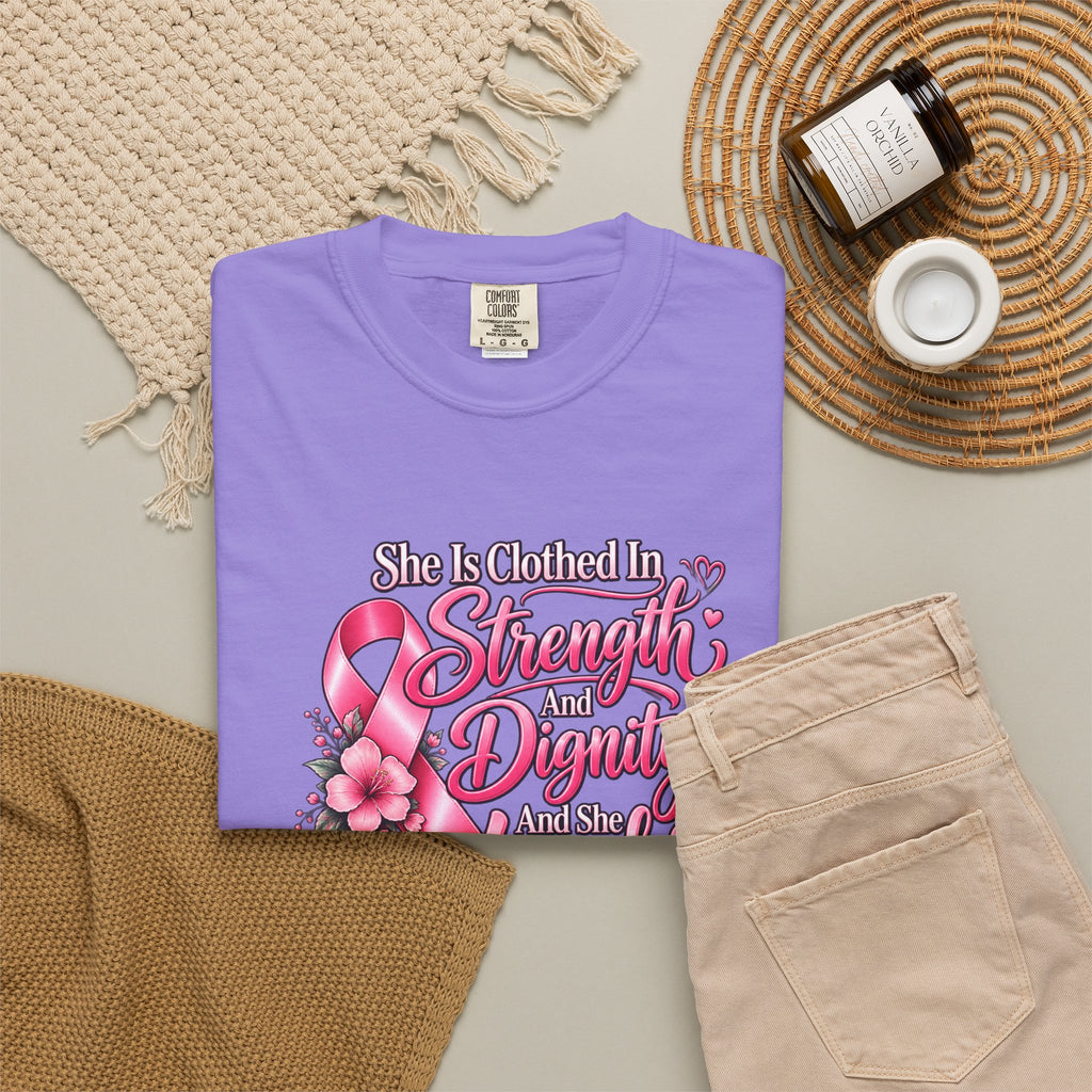 Breast Cancer Awareness T-Shirt — "She is Clothed in Strength" Pink Ribbon Tee