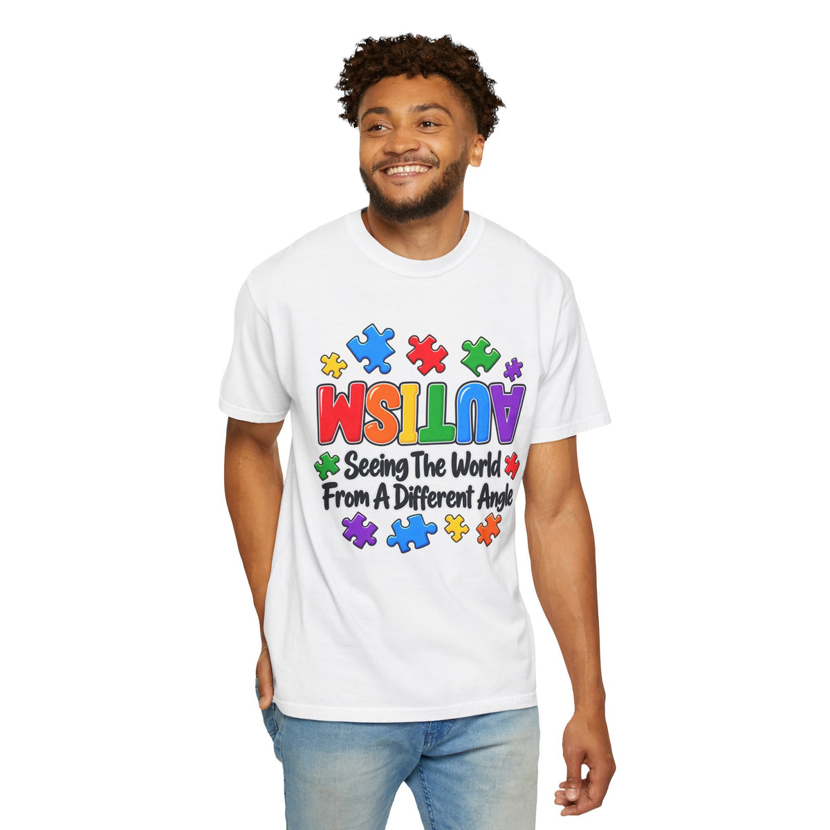 Autism Awareness T-Shirt — "Seeing the World From a Different Angle" Puzzle Design