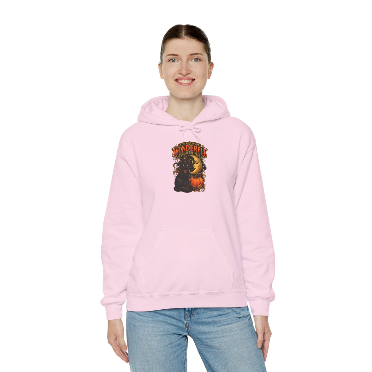 Halloween Black Cat Moon Hoodie – Vintage Pumpkin & Crescent Moon Fall Sweatshirt