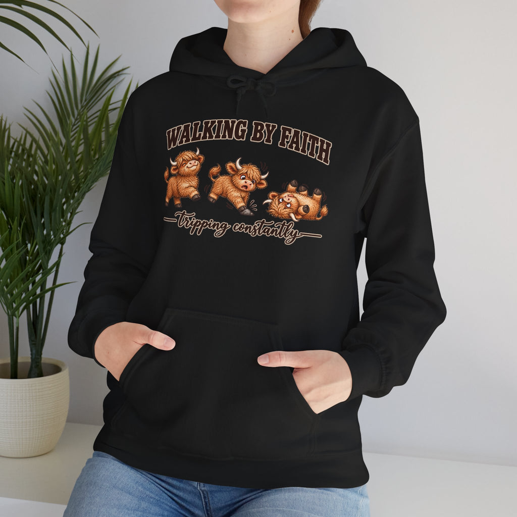 Walking by Faith Christian Highland Cow Hoodie