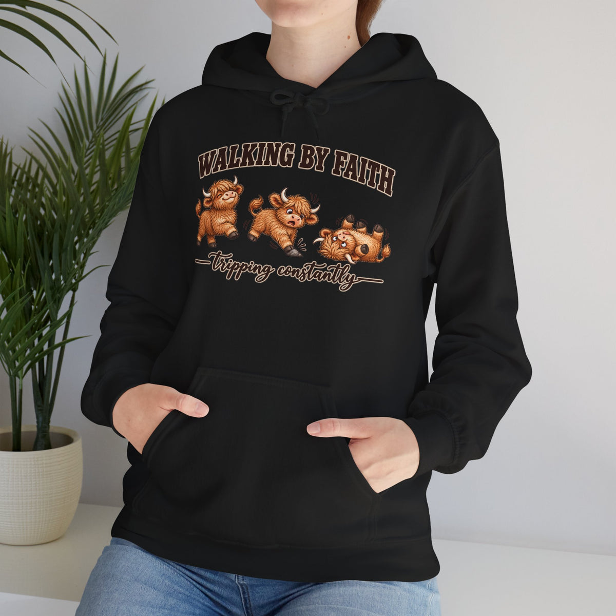 Walking by Faith Christian Highland Cow Hoodie