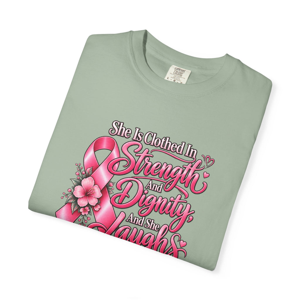 Breast Cancer Awareness T-Shirt — "She is Clothed in Strength" Pink Ribbon Tee