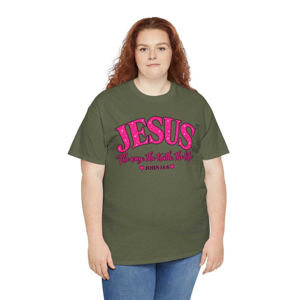 Christian T-Shirt — "JESUS The way, the truth, the life" (John 14:6) Pink Vintage Script