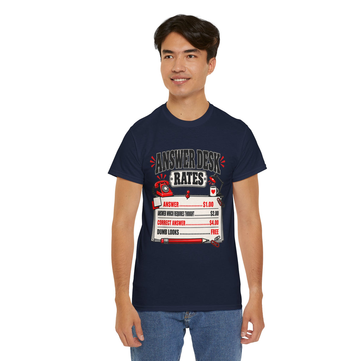 Answer Desk Rates T-Shirt — Funny Help Desk IT Support Tee ("Answer 1.00, Correct Answer 4.00")