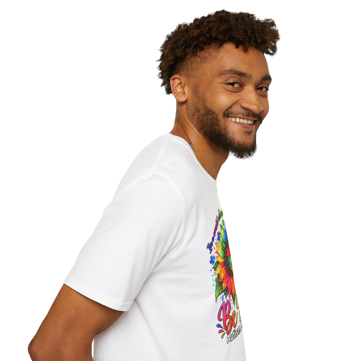 Autism Awareness Sunflower T-Shirt — 'Be Kind' Rainbow Puzzle Design