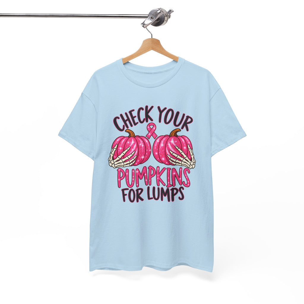 Breast Cancer Awareness T-Shirt — "Check Your Pumpkins for Lumps" Pink Ribbon Tee