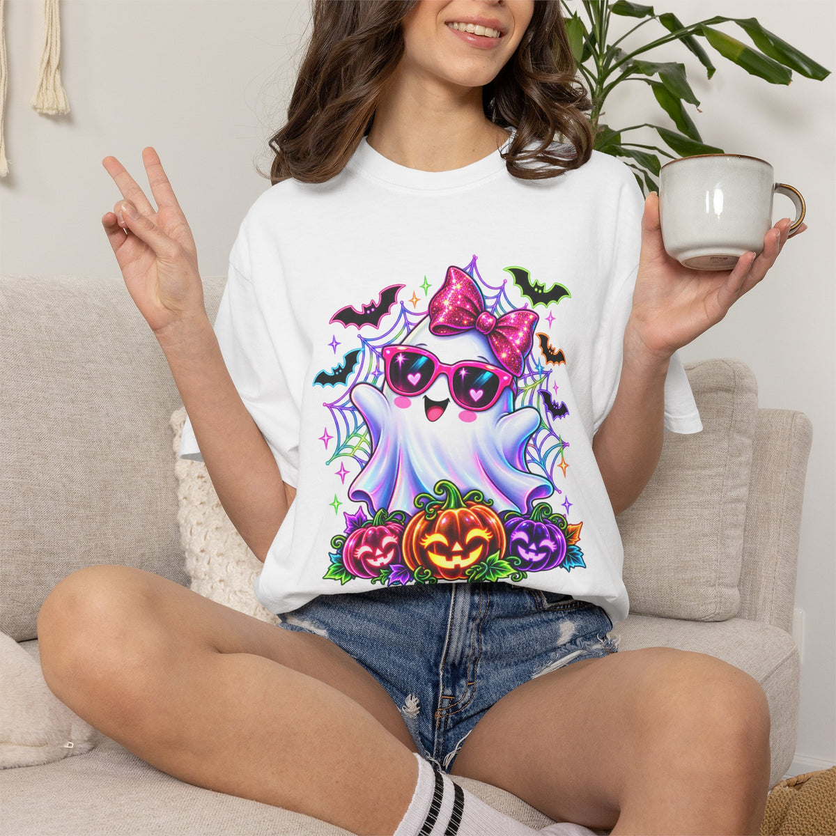 Cute Halloween Ghost T-Shirt — Pink Bow Ghost with Sunglasses & Pumpkins