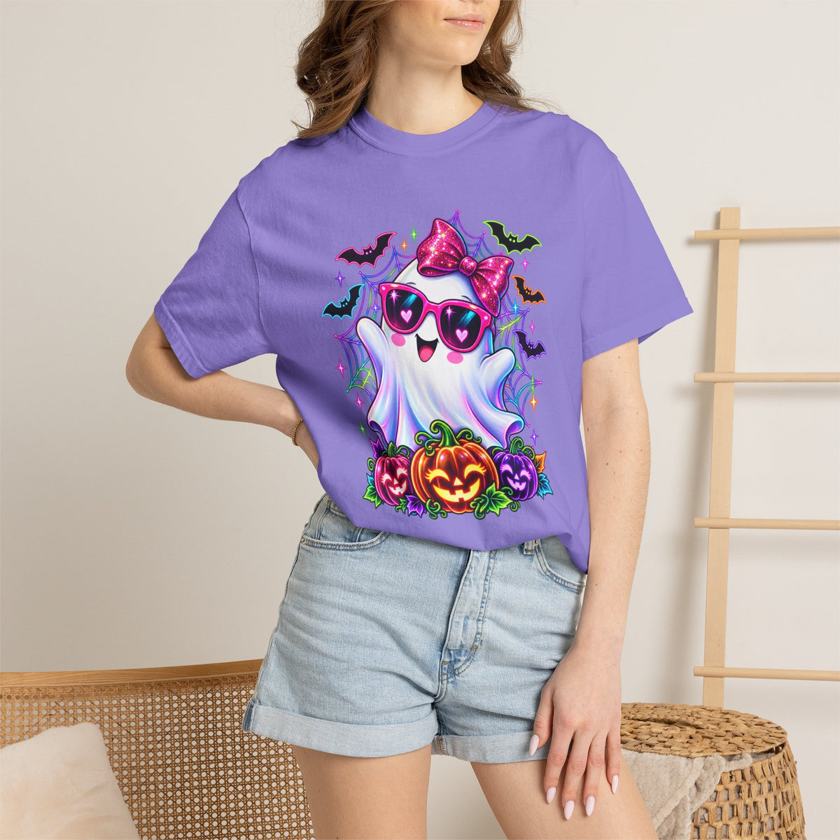 Cute Halloween Ghost T-Shirt — Pink Bow Ghost with Sunglasses & Pumpkins