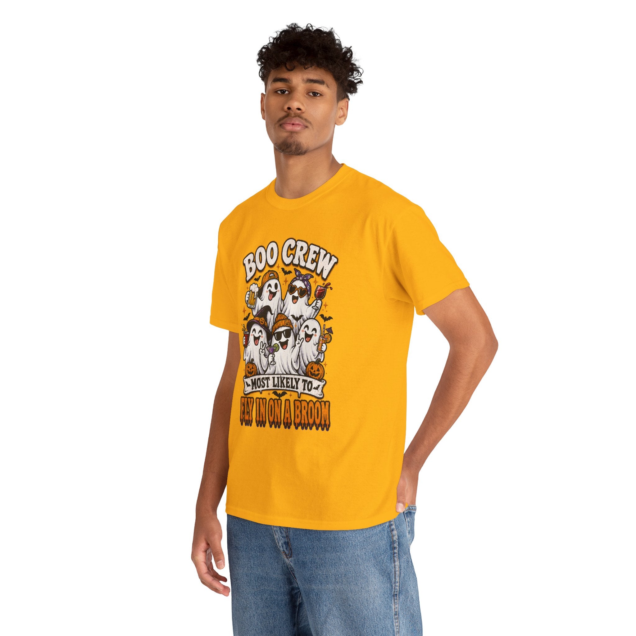Boo Crew T-Shirt — “Most Likely to Fly on a Broom” Halloween Ghost Tee