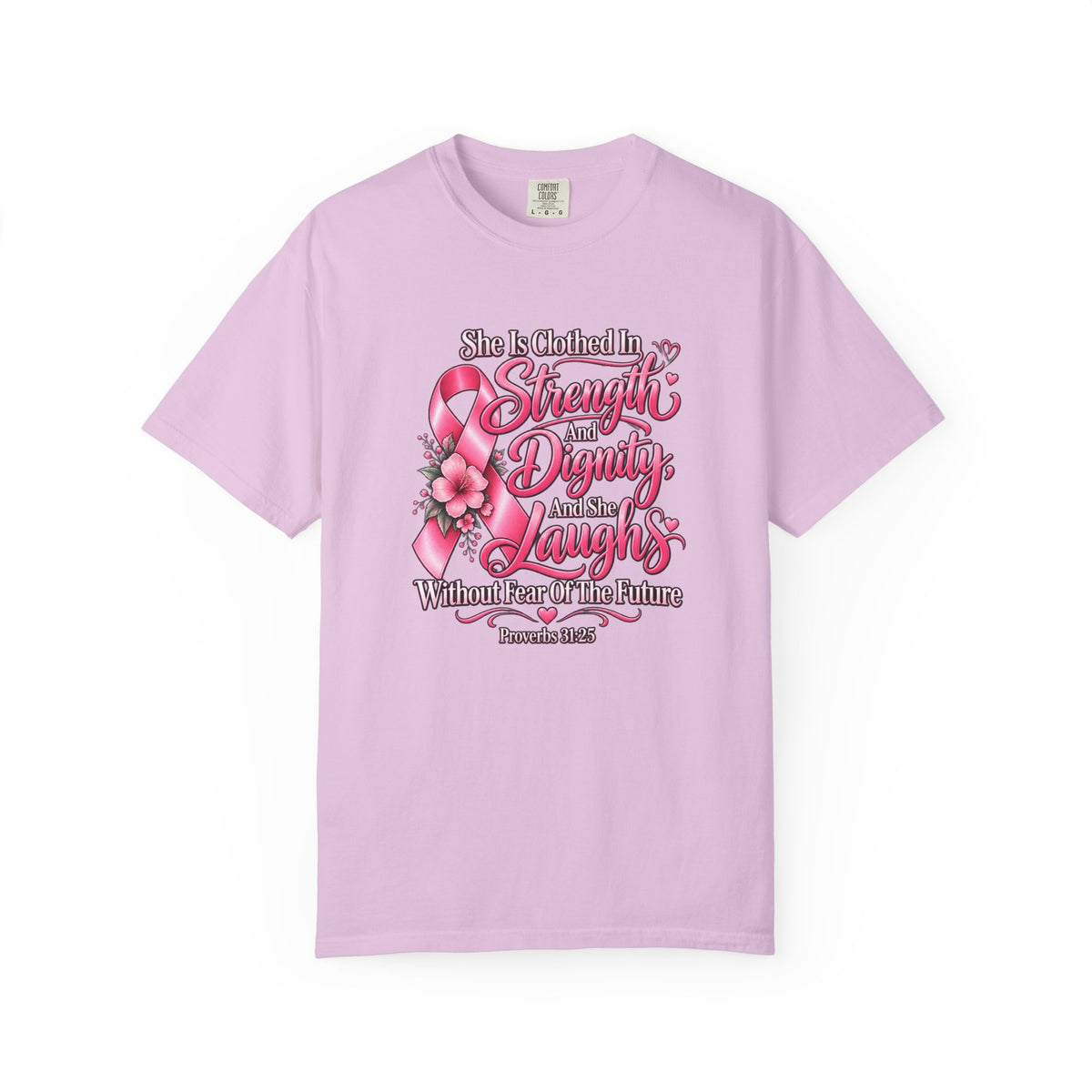 Breast Cancer Awareness T-Shirt — "She is Clothed in Strength" Pink Ribbon Tee
