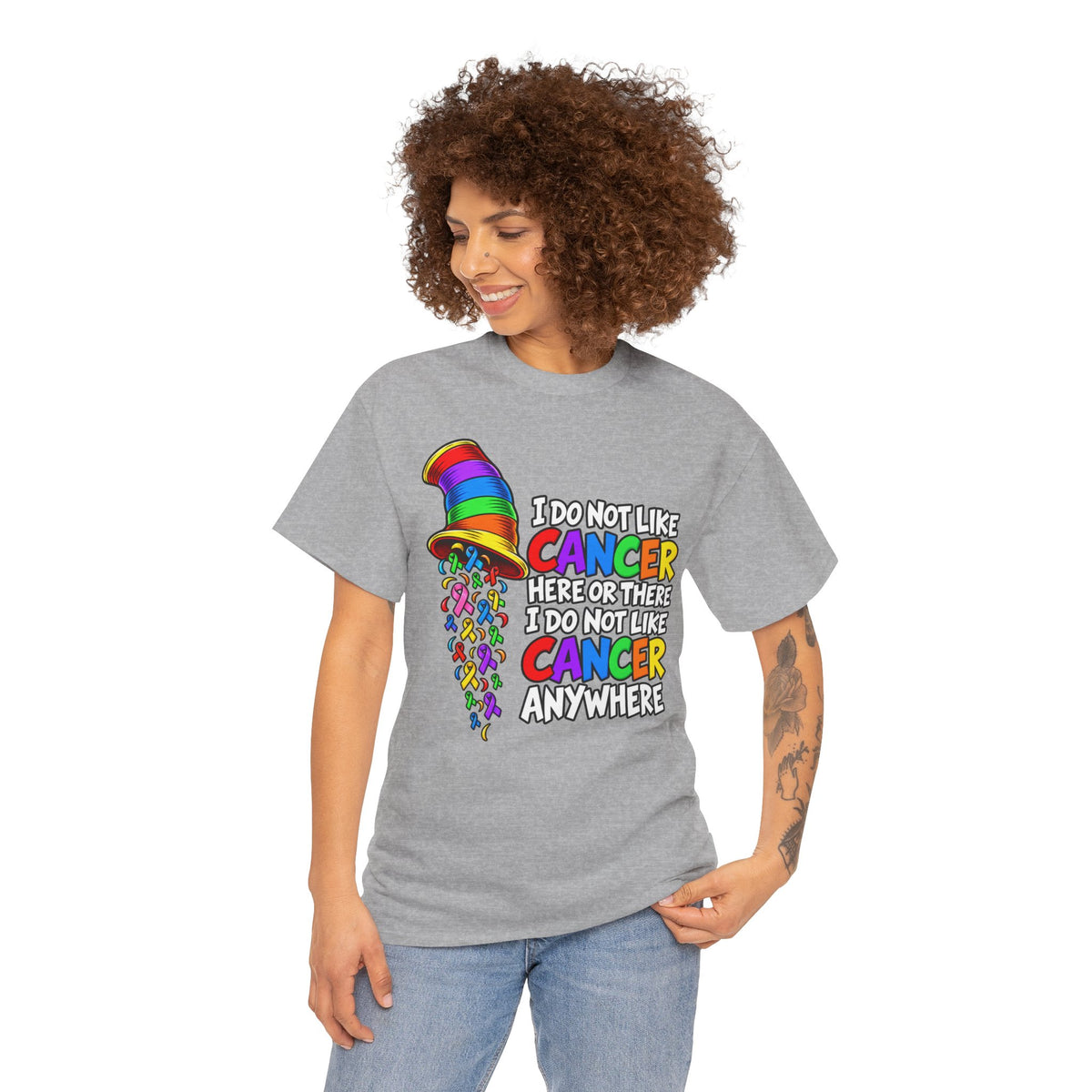 Cancer Awareness T-Shirt — “I Do Not Like Cancer Here or There” Rainbow Ribbon Tee