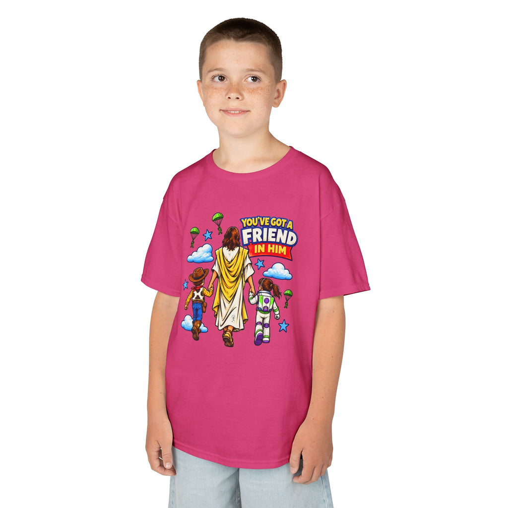 Kids Tee — "You've Gotta Friend in Him" Inspirational Jesus & Toy Friends Graphic