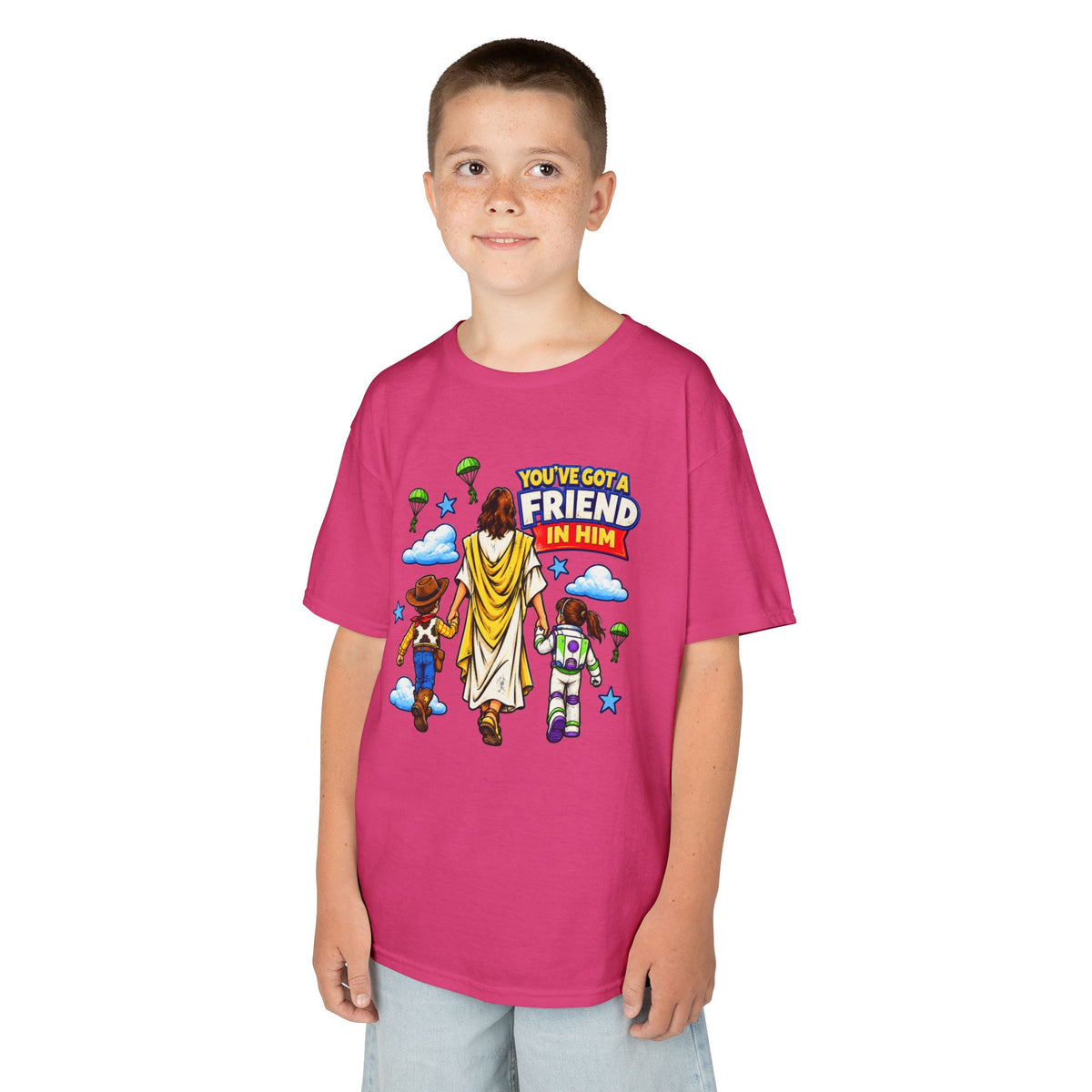 Kids Tee — "You've Gotta Friend in Him" Inspirational Jesus & Toy Friends Graphic