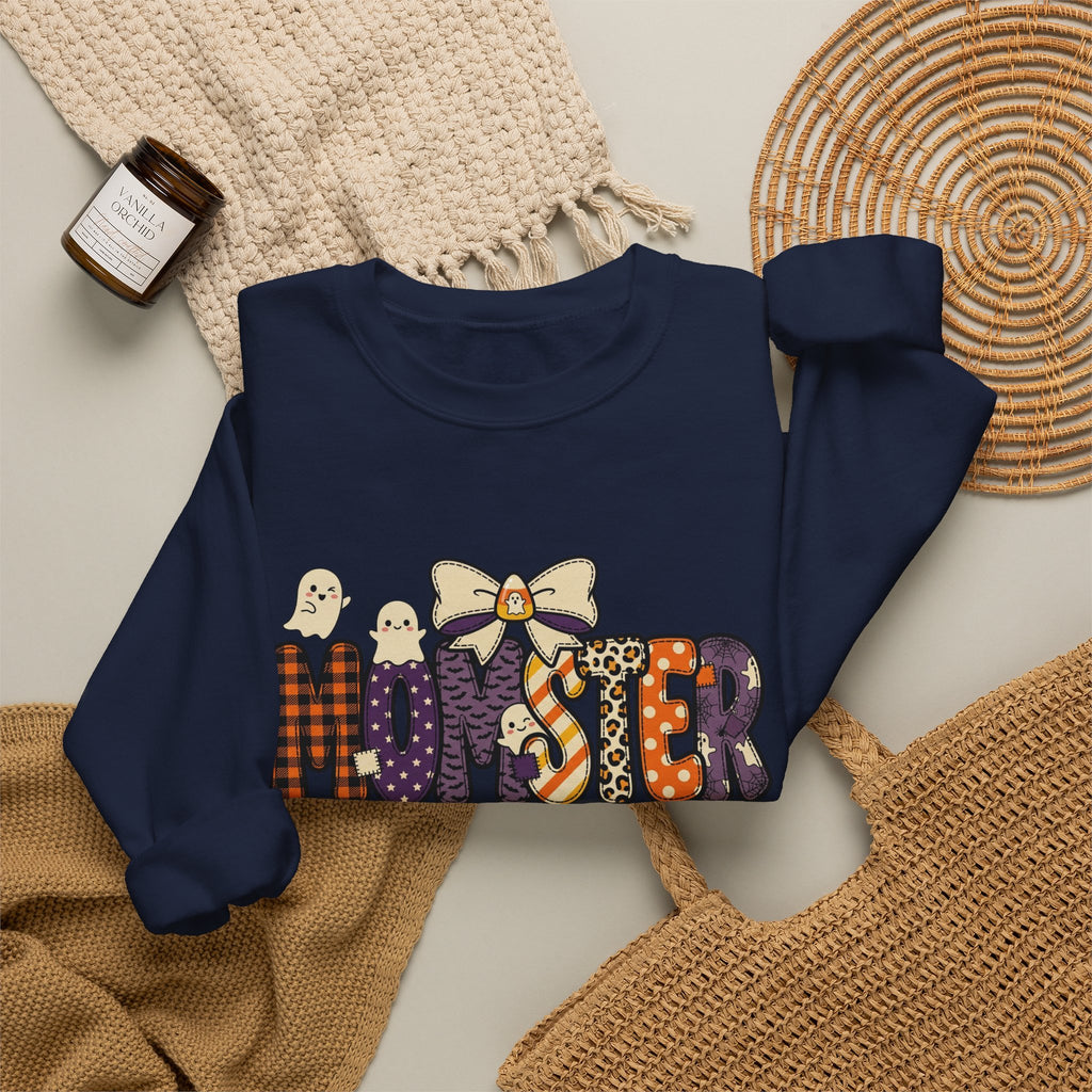 Momster Halloween Sweater | Momster Crewneck Sweatshirt, Halloween mom, purple orange spooky lettering
