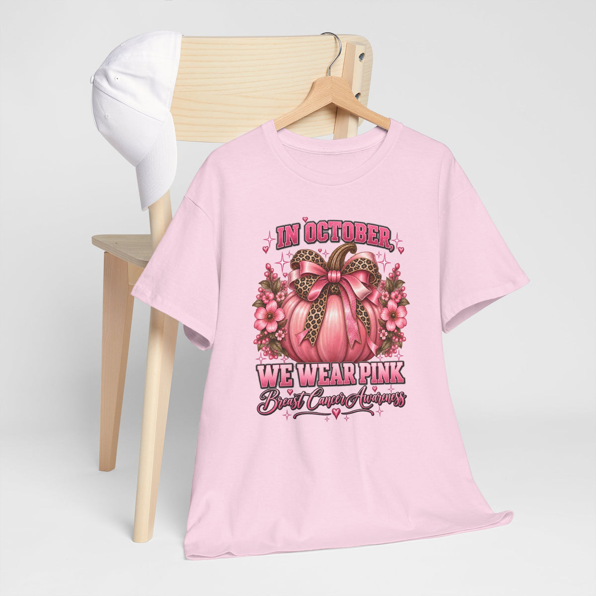 Breast Cancer Awareness T-Shirt — "In October We Wear Pink" Pumpkin Design
