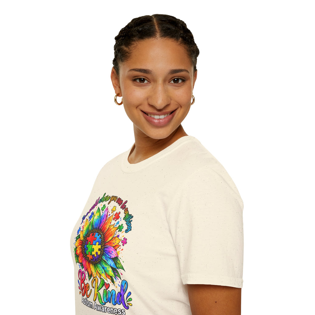 Autism Awareness Sunflower T-Shirt — 'Be Kind' Rainbow Puzzle Design