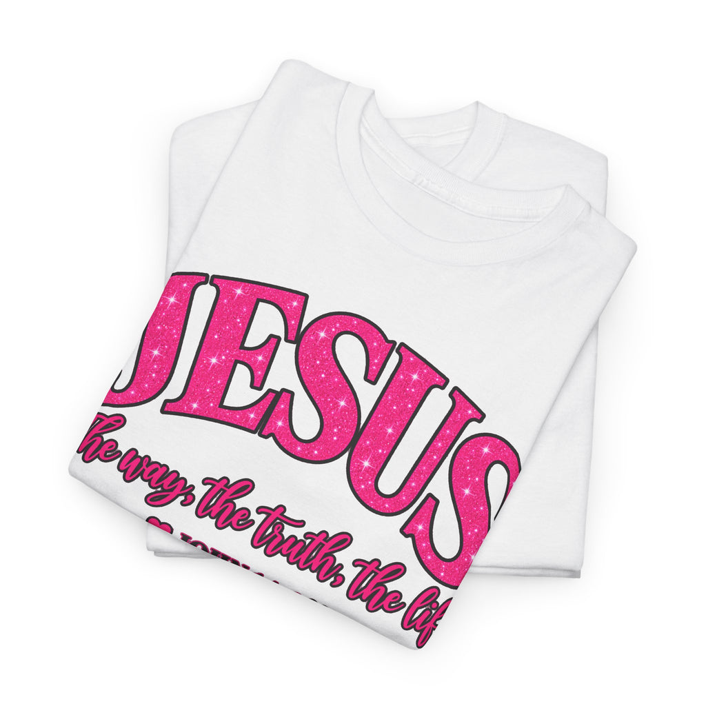Christian T-Shirt — "JESUS The way, the truth, the life" (John 14:6) Pink Vintage Script