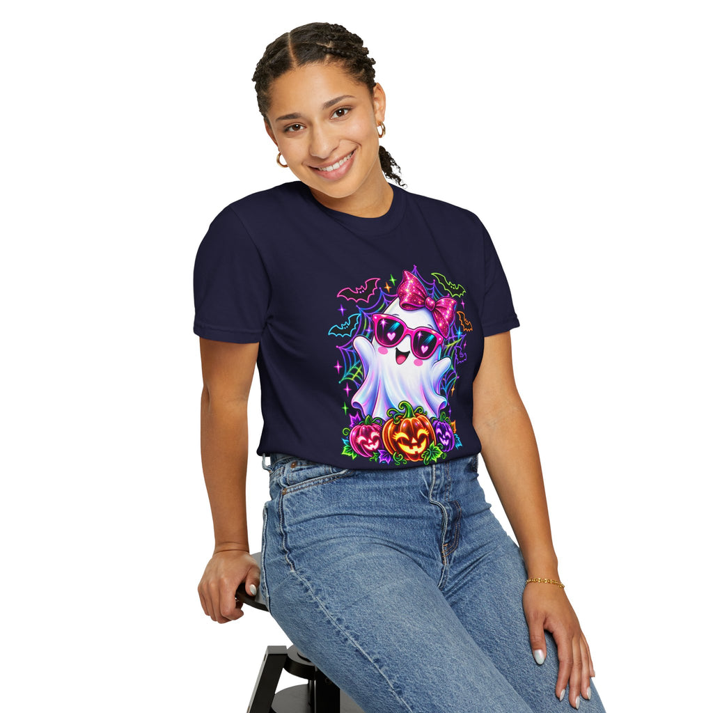 Cute Halloween Ghost T-Shirt — Pink Bow Ghost with Sunglasses & Pumpkins