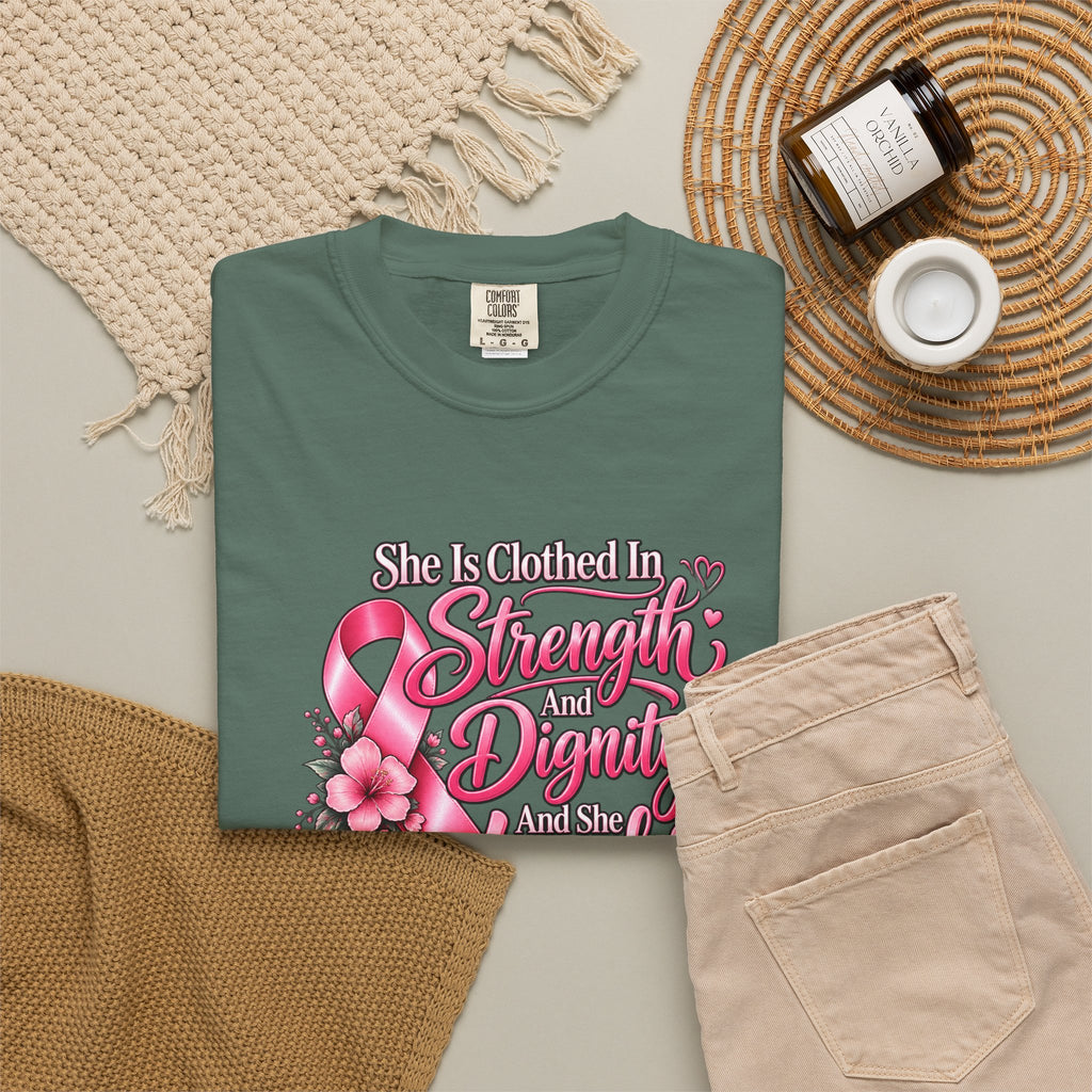 Breast Cancer Awareness T-Shirt — "She is Clothed in Strength" Pink Ribbon Tee