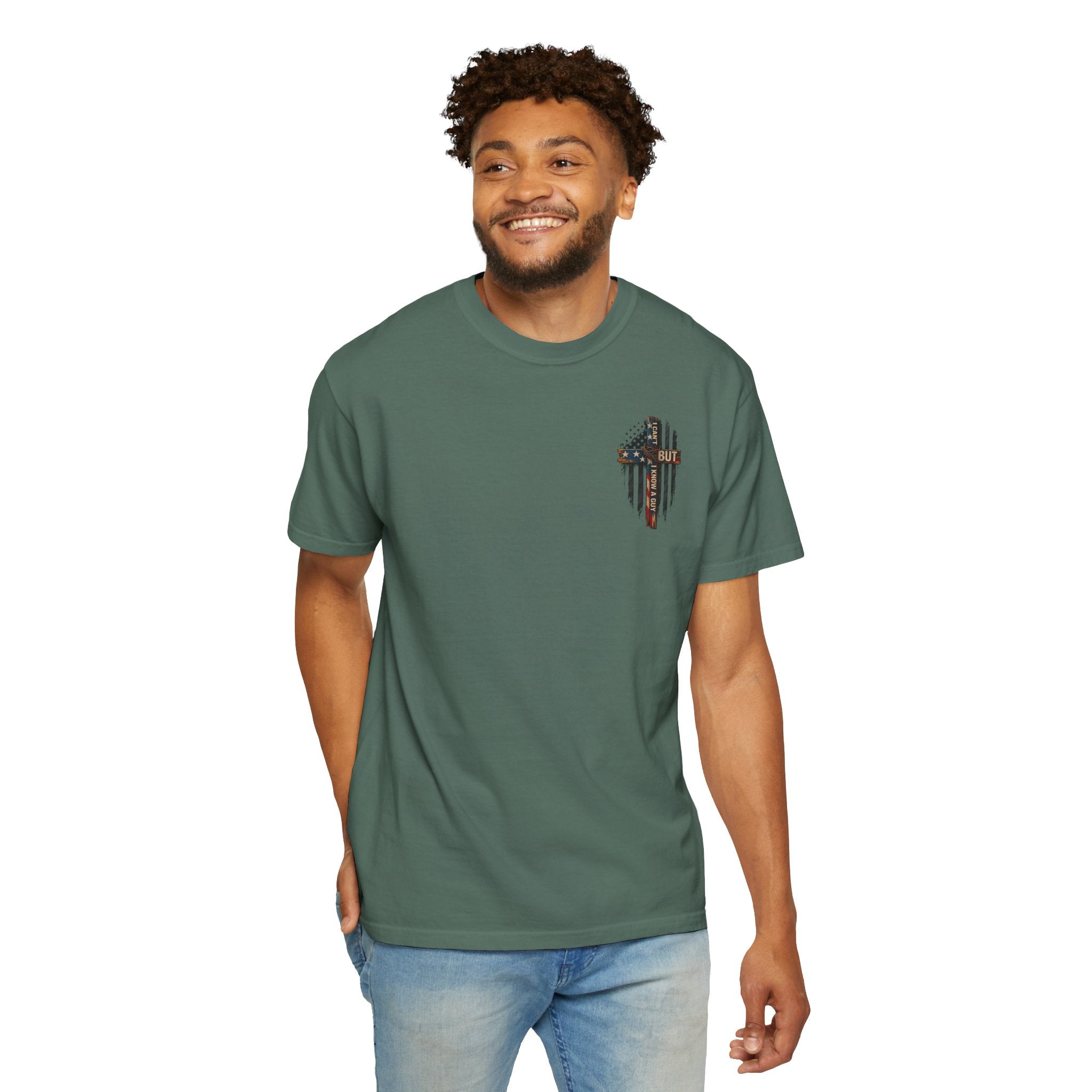T-Shirt — 'I Can't But I Know A Guy' American Flag Cross Graphic