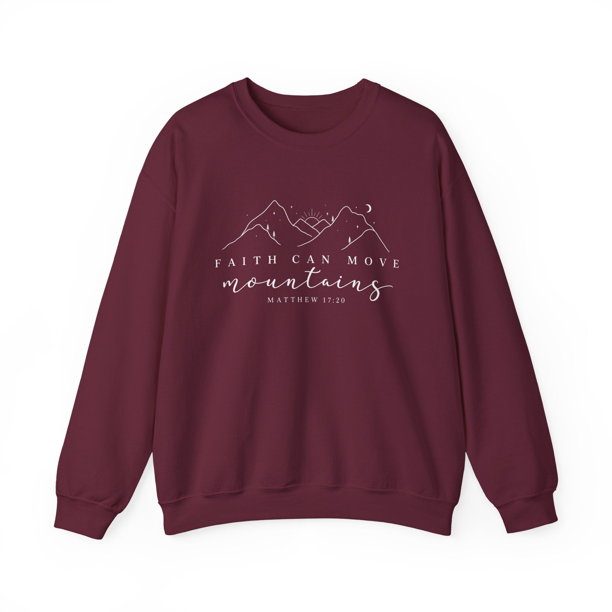 Faith Can Move Mountains Crewneck Sweatshirt — Matthew 17:20 Christian Mountain Design