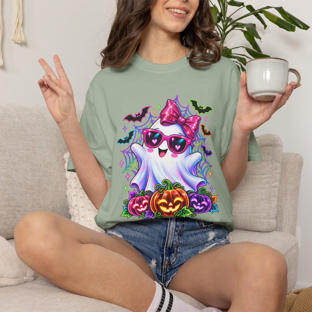 Cute Halloween Ghost T-Shirt — Pink Bow Ghost with Sunglasses & Pumpkins