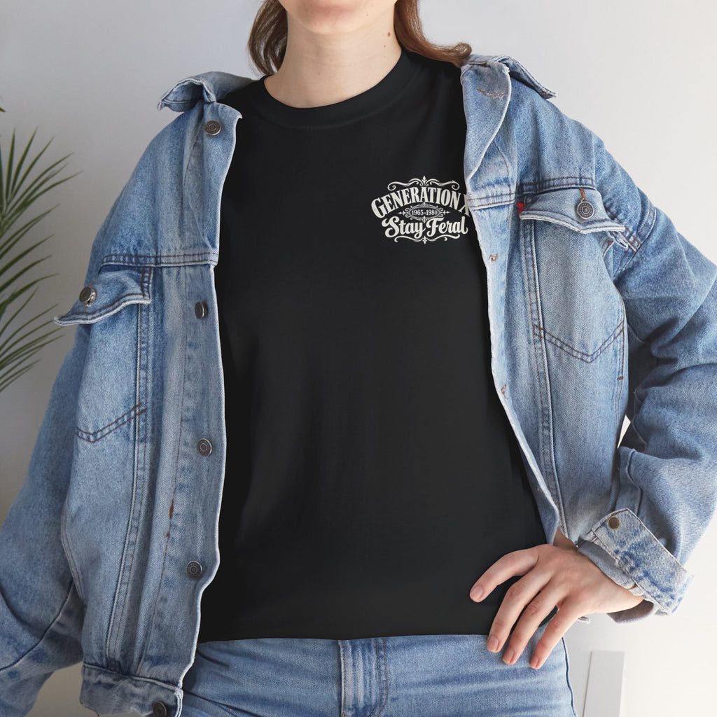 Generation X T‑Shirt — 'Stay Feral' Vintage Whiskey Label Tee (Born 1965–1980)