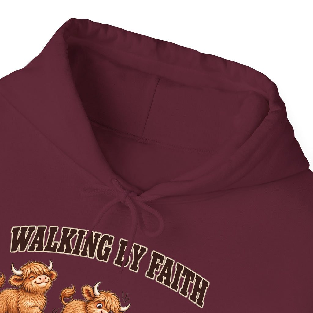 Walking by Faith Christian Highland Cow Hoodie