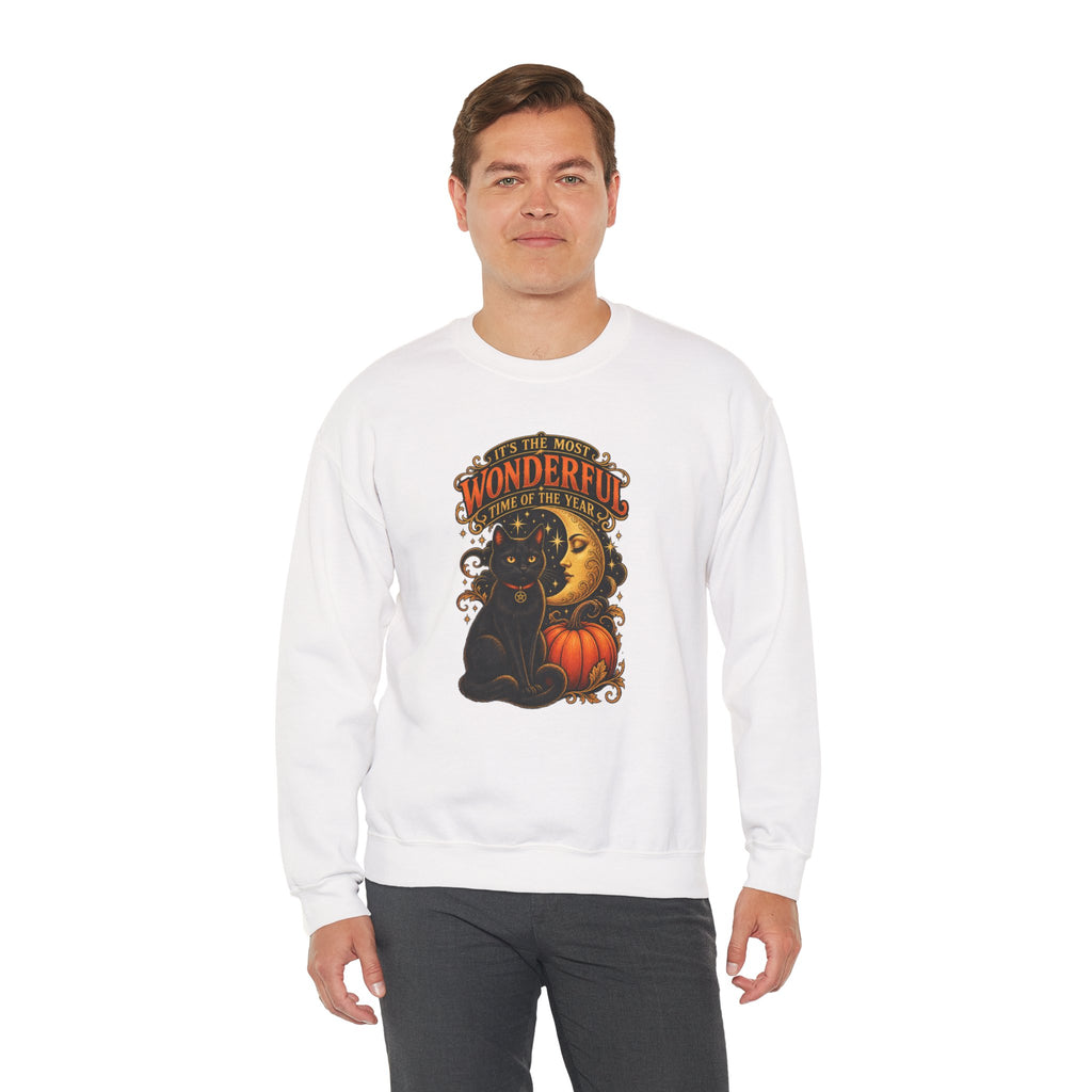 Vintage Halloween Sweatshirt - "It's the Most Wonderful Time of the Year" Black Cat & Moon Design