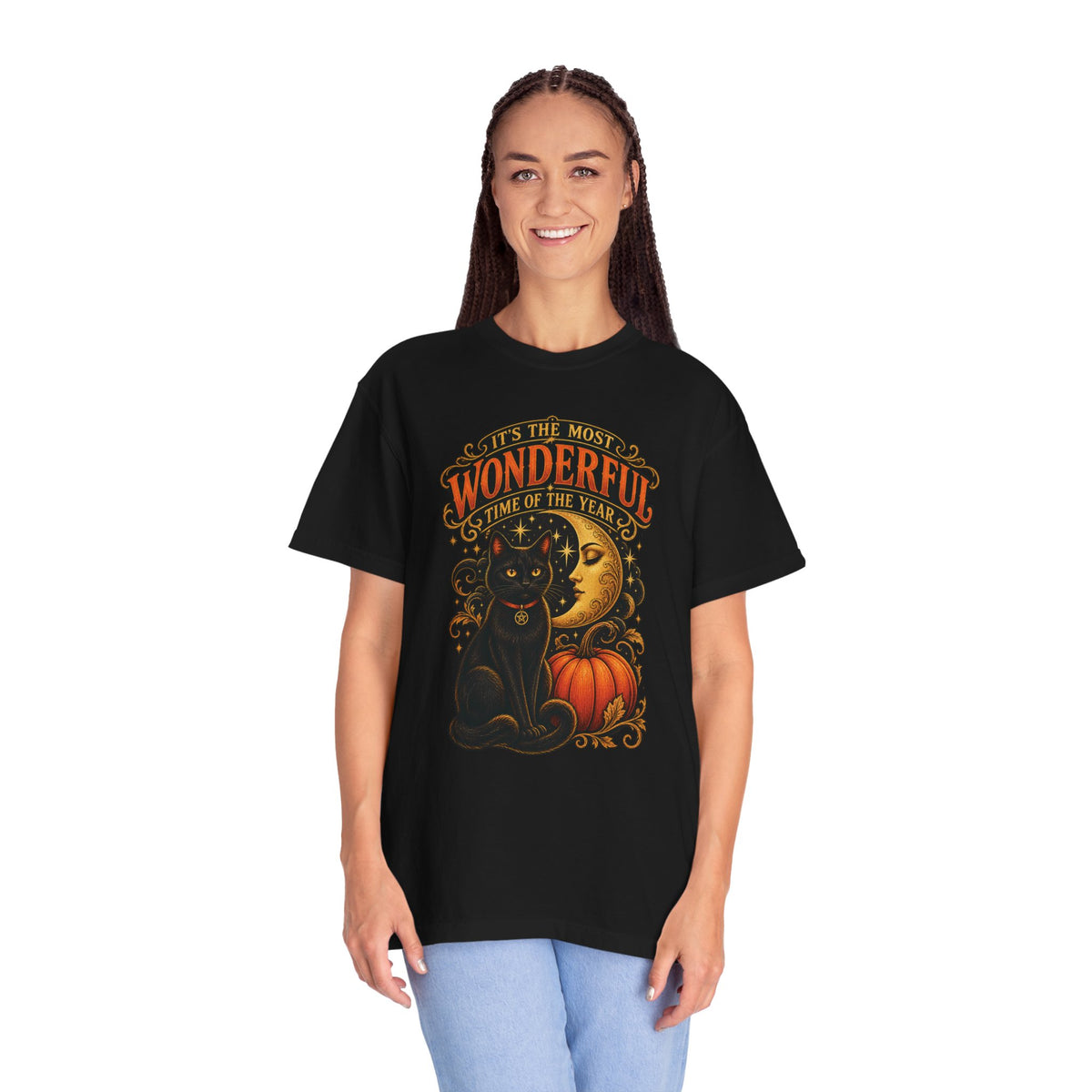 T-Shirt — "It's the Most Wonderful Time of the Year" Halloween Black Cat & Pumpkin