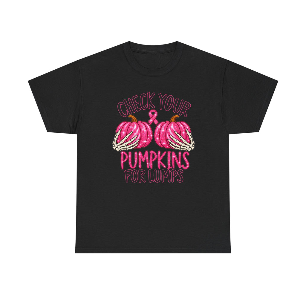 Breast Cancer Awareness T-Shirt — "Check Your Pumpkins for Lumps" Pink Ribbon Tee