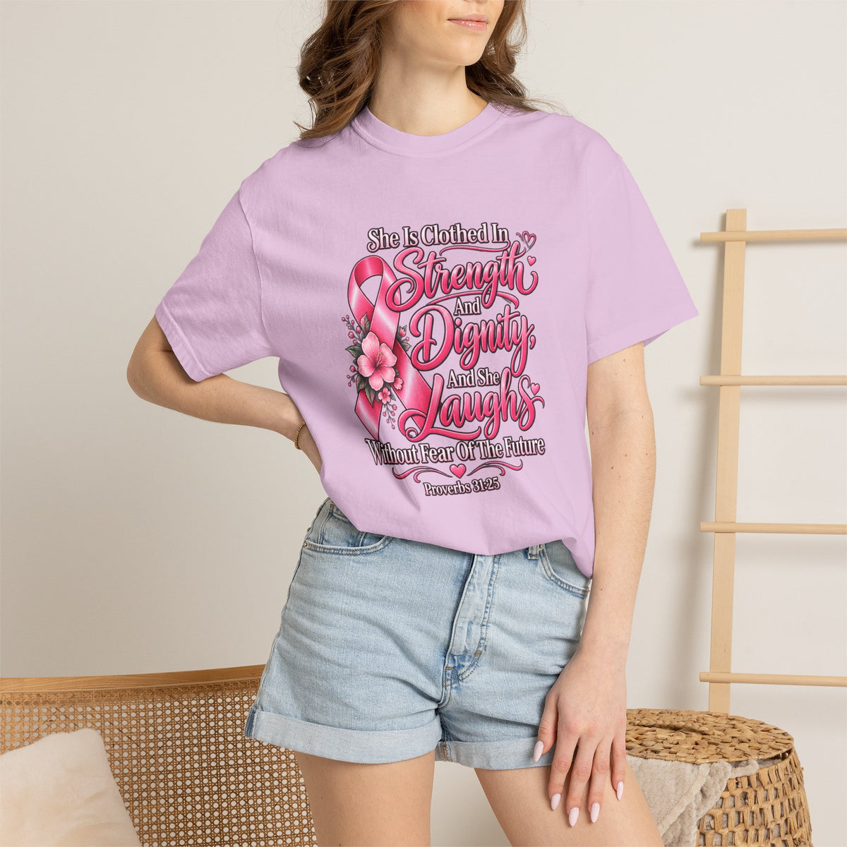 Breast Cancer Awareness T-Shirt — "She is Clothed in Strength" Pink Ribbon Tee