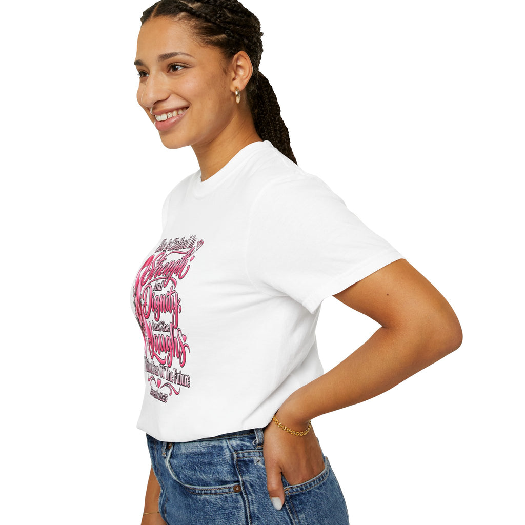 Breast Cancer Awareness T-Shirt — "She is Clothed in Strength" Pink Ribbon Tee