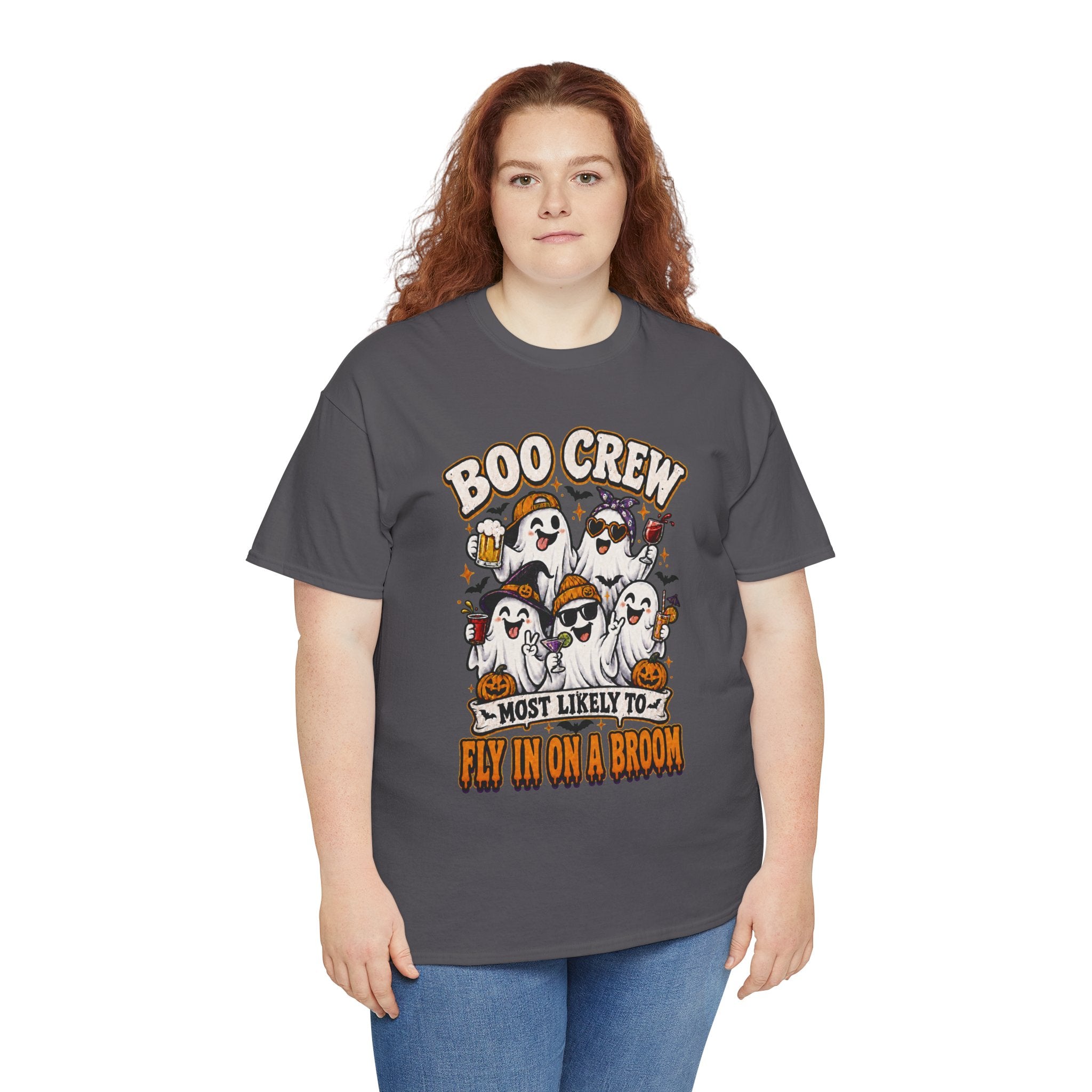 Boo Crew T-Shirt — “Most Likely to Fly on a Broom” Halloween Ghost Tee