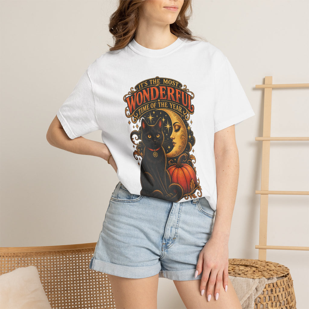 T-Shirt — "It's the Most Wonderful Time of the Year" Halloween Black Cat & Pumpkin