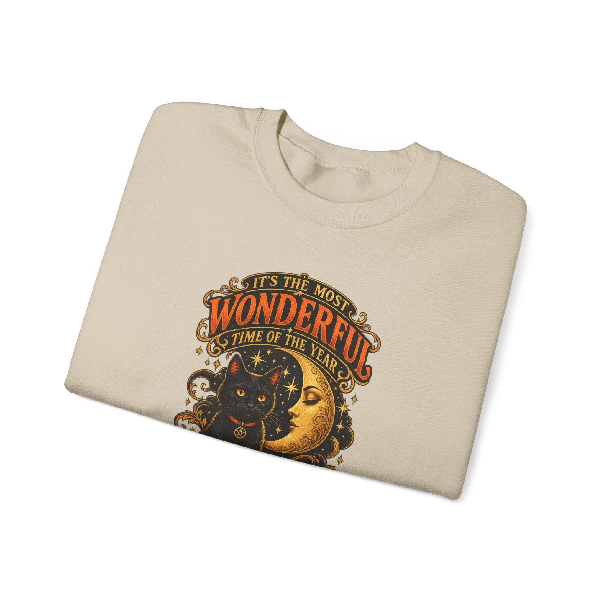 Vintage Halloween Sweatshirt - "It's the Most Wonderful Time of the Year" Black Cat & Moon Design