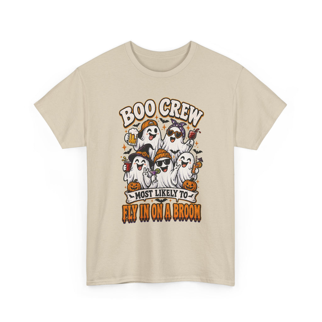 Boo Crew T-Shirt — “Most Likely to Fly on a Broom” Halloween Ghost Tee